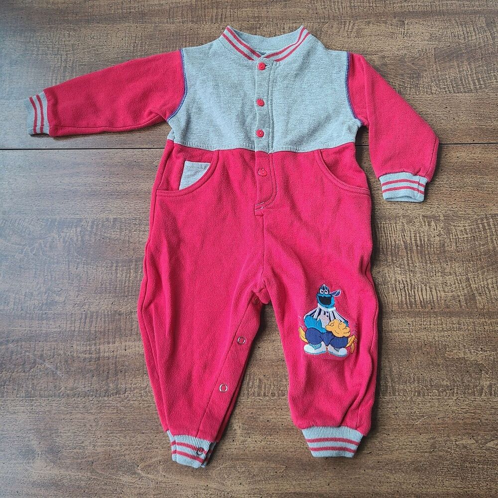 Vintage Sesame Street Cookie Monster 18 Months Baseball Jumpsuit Romper 90s Red